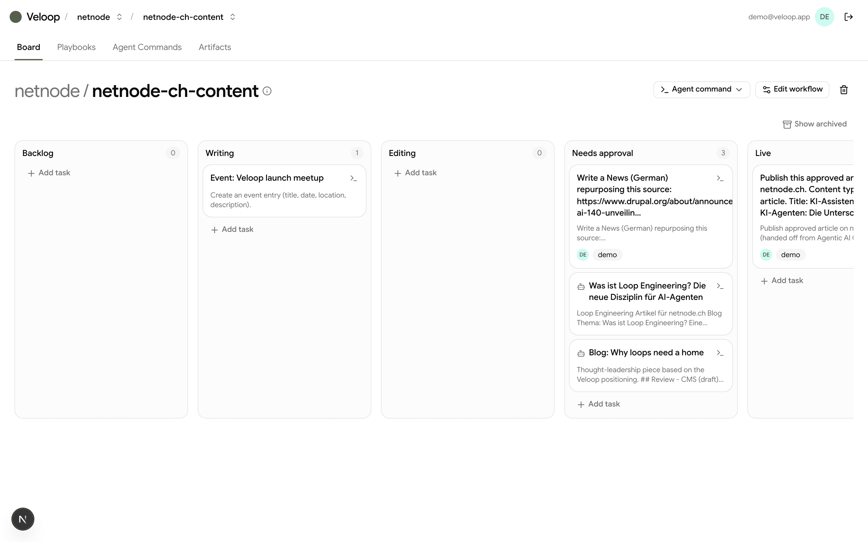 Veloop workflow board with task cards across columns
