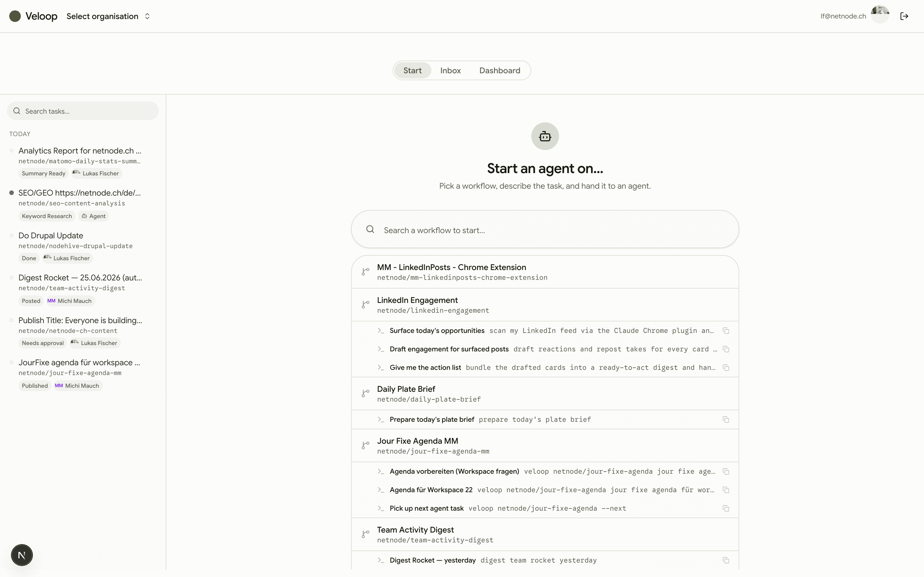 Veloop Start console — pick a workflow and hand it to an agent