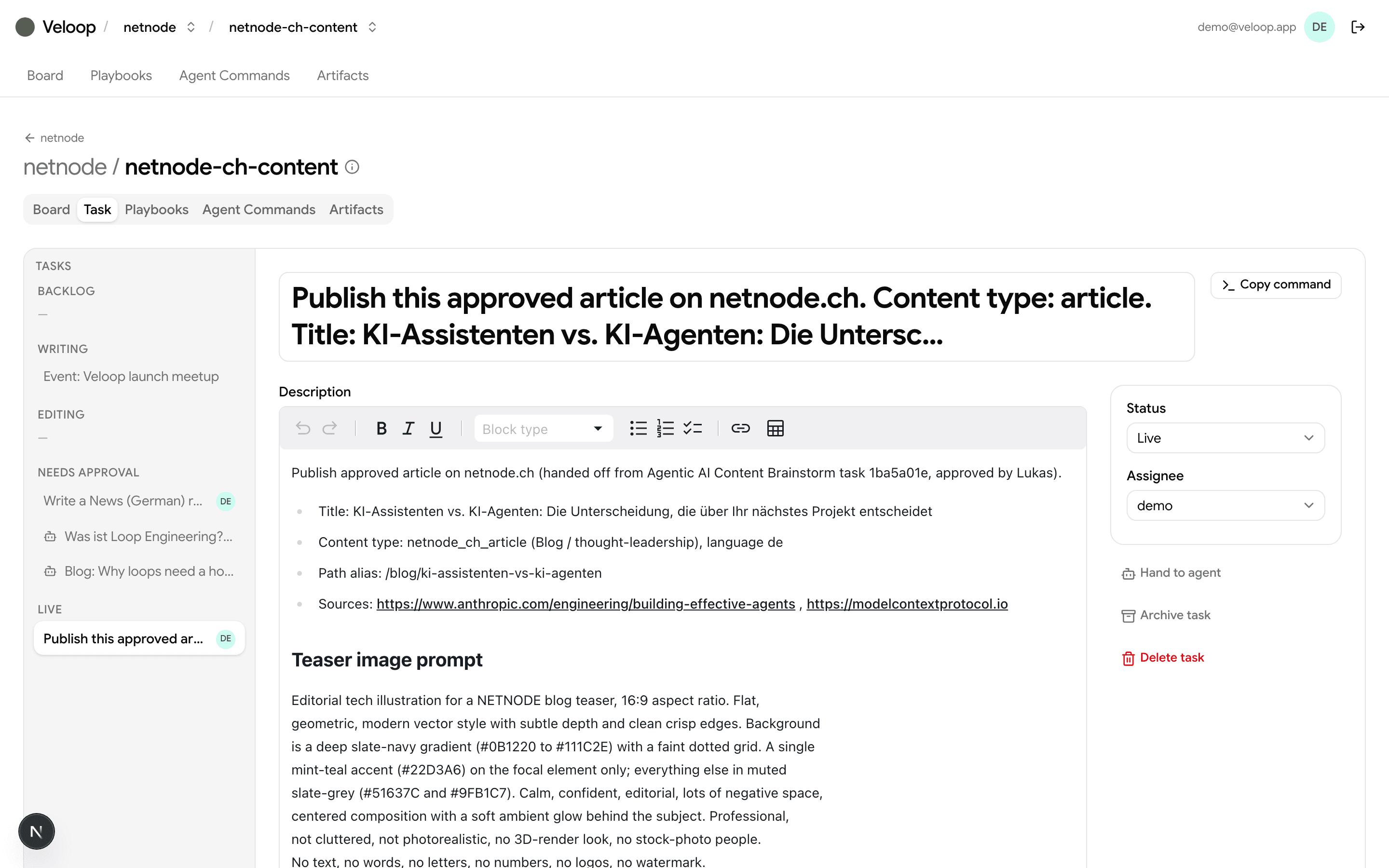 Veloop task detail with description, comments and artifacts